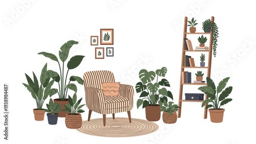 Cozy living room interior design with a comfortable striped armchair, a stylish rug, and numerous potted green indoor plants on shelves.
