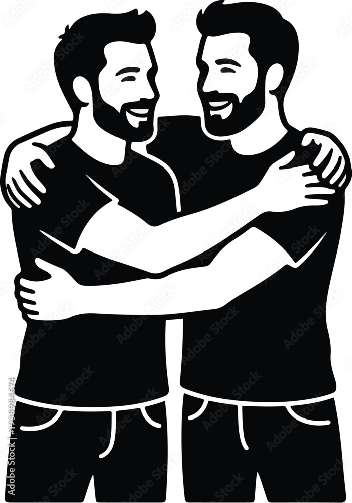 Obraz premium Minimalist Male Friendship and Brotherhood Vector Illustration - Perfect for WorldPride Amsterdam 2026, Gay Pride Celebrations, and LGBTQ+ Unity Events - Black and White Silhouette Icon