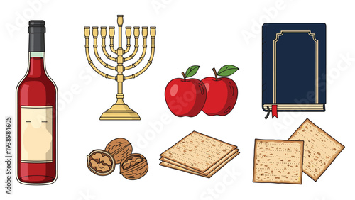 Collection of Jewish holiday symbols including a gold menorah, red wine, matzah, apples, walnuts, and a Torah book on a white background.