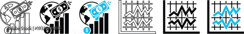 Global financial growth and stock market analysis icon set with money graph and world map