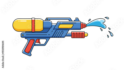 Colorful water gun toy with a yellow tank and blue body is spraying a stream of water during fun outdoor summer activities for kids.