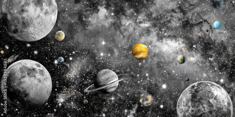 Naklejka premium Celestial bodies including large textured orbs and ringed planets populate a dark stellar field