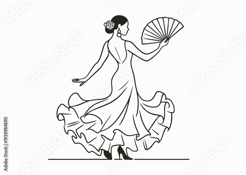 Girl with fan passionately dances flamenco, linear vector illustration