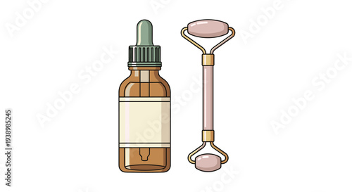 Skincare essentials with serum bottle and facial roller for beauty routine