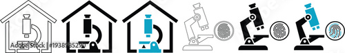 Forensic Laboratory Icons Set with Microscope, Science Lab House, and Fingerprint Scanning