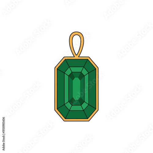 Green emerald cut gemstone pendant with gold setting flat style