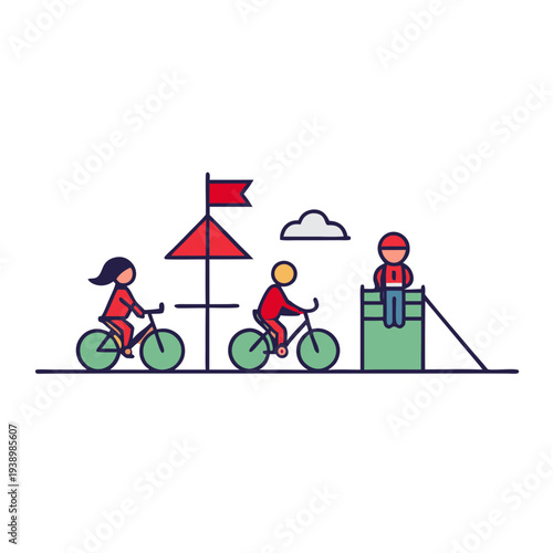 Friends cycling together under umbrella near playground flat design illustration