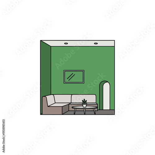 Modern living room interior with green walls and sectional sofa