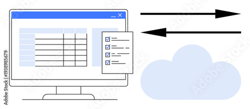 Data management, cloud computing, digital communication, file transfer, technology integration, information exchange. Computer screen with checklist and cloud with arrows. Data management and cloud