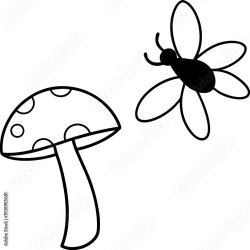 Hand drawn mushroom and fly line art nature illustration minimalist