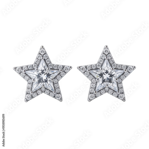 A pair of star shaped earrings with diamonds isolated on transparent background