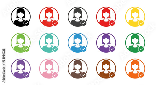 Collection of colorful female user profile icons with checkmarks, representing verified or selected accounts or members in a digital context.