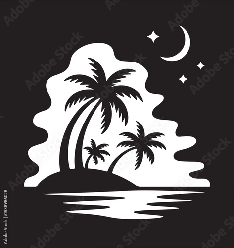 Tropical island silhouette with palm trees and crescent moon at night over sea water reflection art vector illustration