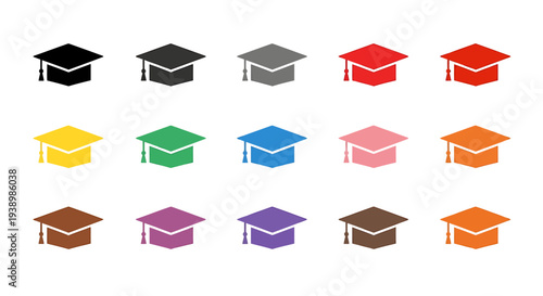 Colorful Graduation Caps Set Education Icons Academic Symbols.