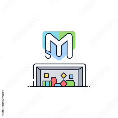 Stylized M-crane lifting colorful abstract items from container