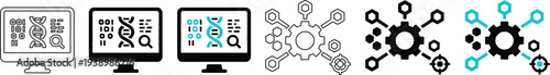 Modern DNA Genetic Research and Bioinformatics Data Processing System Vector Icon Set