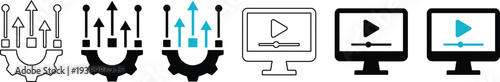Video processing automation gear and digital media player vector icon set