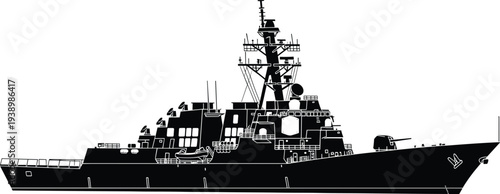 Warship silhouette illustration, naval destroyer artwork, black and white design, military vessel graphic, maritime defense symbol, modern navy ship drawing