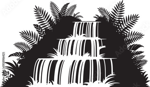 Tropical jungle waterfall silhouette surrounded by lush fern leaves and exotic rainforest plants art vector illustration