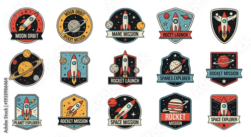 Collection of Retro Space Rocket Badges and Emblems.