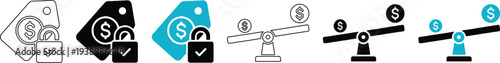 Fixed Price Tag with Lock and Financial Balance Scale Vector Icons for Business and Finance