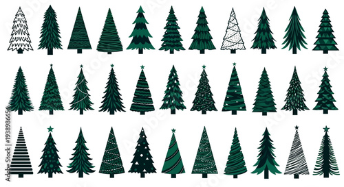 Collection of Stylized Evergreen Christmas Trees with Decorative Elements on White