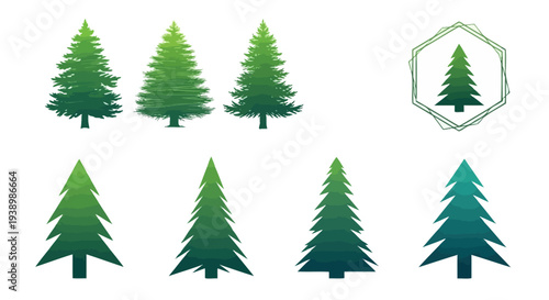 Collection of Stylized Pine Trees and Evergreen Graphics with Gradient Colors