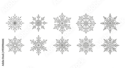 Collection of Ten Intricate Snowflake Illustrations on a White Background