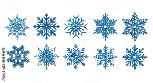 Collection of Ten Unique Blue Snowflake Graphics for Winter and Christmas Designs