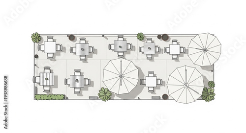 Outdoor cafe seating area with tables and umbrellas from above.