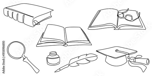 Set of hand drawn continuous one line elements for education open book, glasses, graduation cap, quill pen, and ink bottle. Editable stroke.