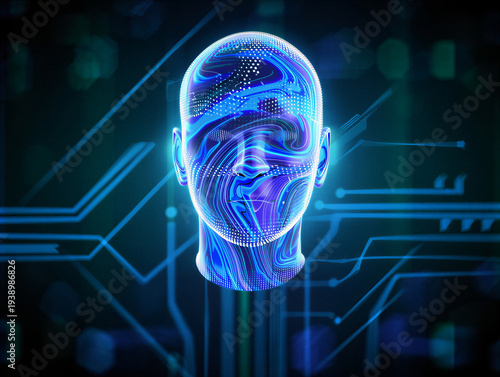Futuristic Digital Human Face with Artificial Intelligence Neural Network Technology Background