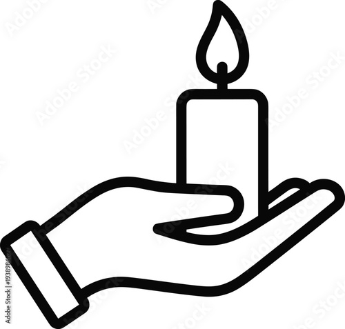 Hand Holding Burning Candle Vector Icon Representing Hope Faith Peace Charity Remembrance Spirituality and Minimalist Line Art Design for Symbolic Graphics