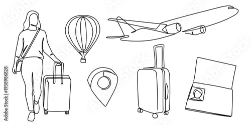 Set of hand drawn continuous one line elements for travel a woman dragging a suitcase, an airplane, a passport, a hot air balloon, a suitcase, and a map pin. Editable stroke.
