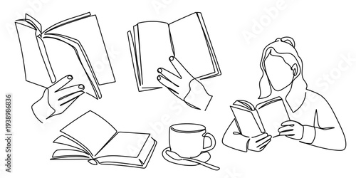 A set of hand drawn, continuous single line elements a woman reading a book, a hand holding a book, an open book, and a cup of coffee. Editable stroke.