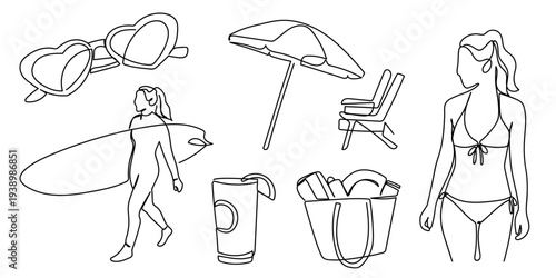 Set of hand drawn continuous one line elements for summer vacation, woman in bikini, heart shaped sunglasses, lemonade, person walking with a surfboard, beach umbrella, beach bag. Editable stroke.