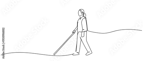 Minimalist continuous one line art drawing of a visually impaired person using a cane for walking. Editable stroke.