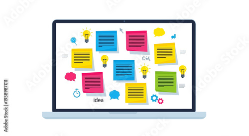 Creative brainstorming and idea generation process with sticky notes and lightbulbs on a laptop screen
