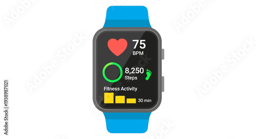 Smartwatch displaying fitness tracking data, including heart rate and steps taken, with a blue band