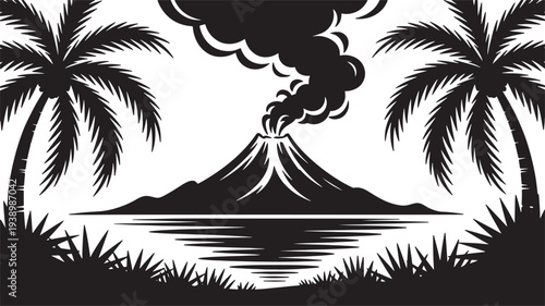 Volcano eruption in tropical island with palm trees and ocean at sunrise or sunset black silhouette vector illustration