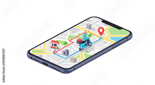 Isometric illustration of a mobile delivery application on a smartphone, showing a scooter rider navigating a city map for quick package delivery and real-time tracking