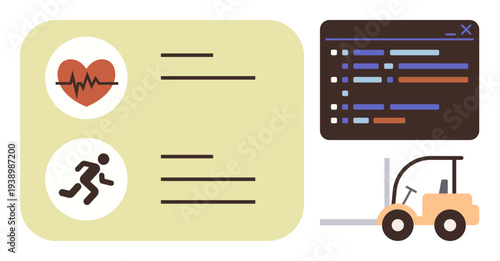 Healthcare, fitness, programming, logistics, technology, workplace efficiency. Health icons with heart and runner, coding window forklift. Healthcare and fitness tracking concept