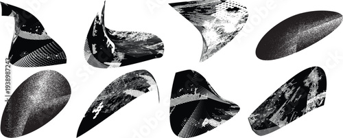 Distorted irregular shapes collection . Noisy design . Noise destroyed logo . Trendy grainy shapes set . Graph print texture .Spray effect .Grunge texture . Distressed element .vector
