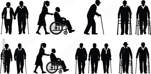 Collection of human silhouettes featuring elderly people with mobility aids, school children, business professionals, and casual women walking, isolated on white background,