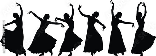 Elegant flamenco dancer silhouettes vector illustration, traditional spanish folk dance sequence, graceful women performing in long dresses, cultural artistic movement on white.
