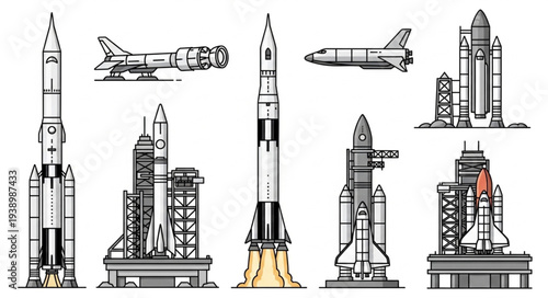 Collection of vintage and modern spacecraft and rockets.