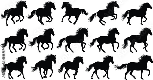 Horse silhouette grid illustration, equine motion vector, walking trotting galloping poses, animal anatomy study graphic, wildlife icon design, educational clipart resource