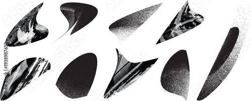 Distorted irregular shapes collection . Noisy design . Noise destroyed logo . Trendy grainy shapes set . Graph print texture .Spray effect .Grunge texture . Distressed element .vector
