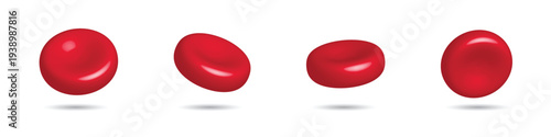 Red blood cells different view in realistic glossy style. Medical healthcare 3d illustration.