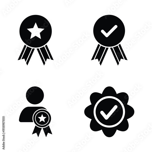 Black and white icons of awards and verification symbols